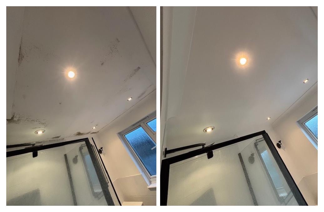 Before and after ceiling repair (customer photo)