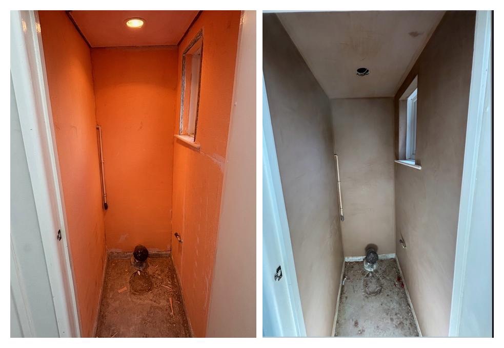 Before and after plastering in small room (customer photo)
